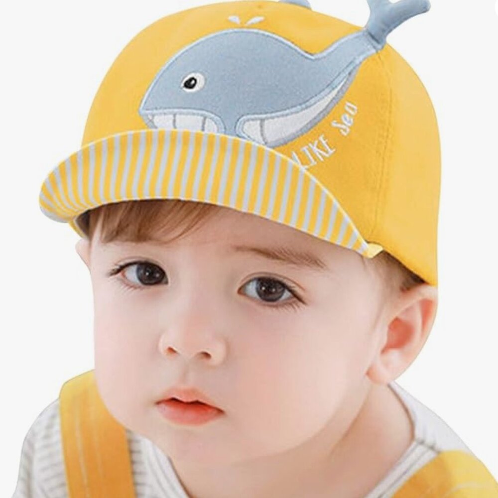 Yellow Happy Whale Baby/Toddler Sun Hat w Plastic Rain Cover